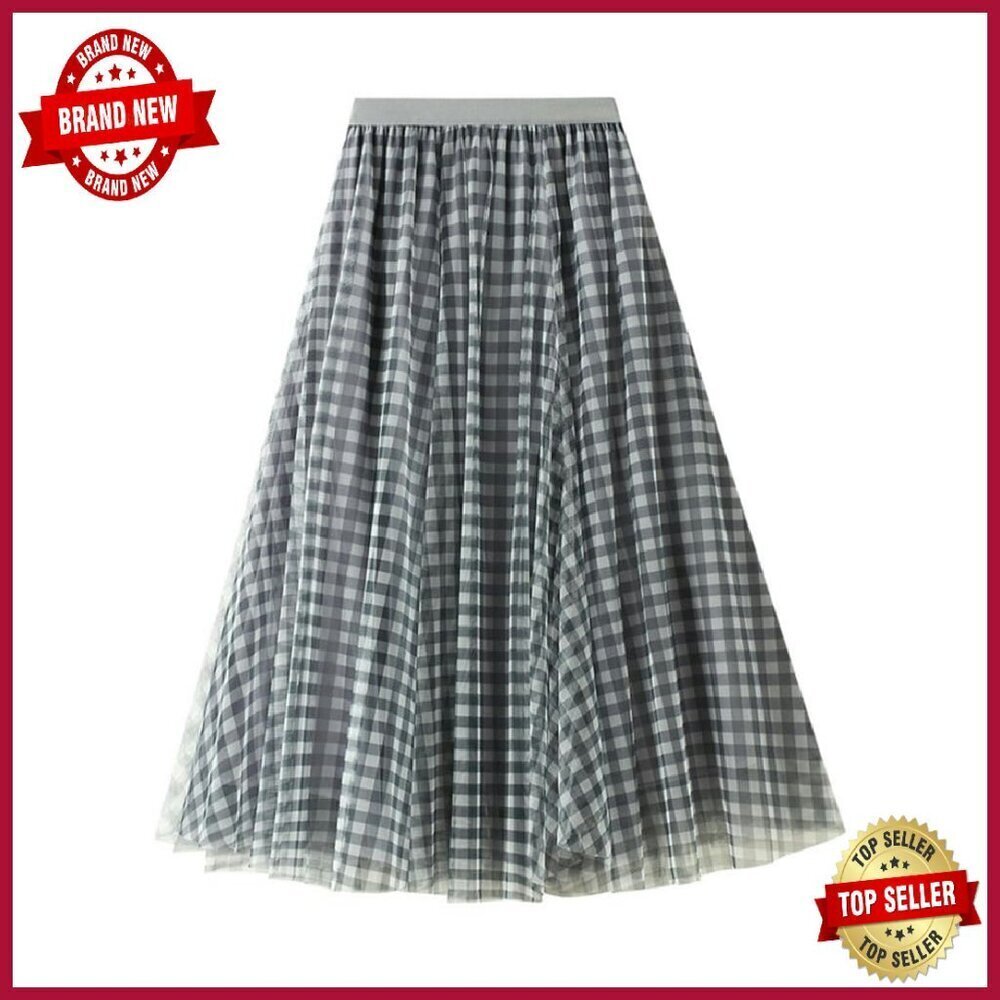 Polyester Tulle Plaid Midi Skirt High Waisted A-Line Layered
